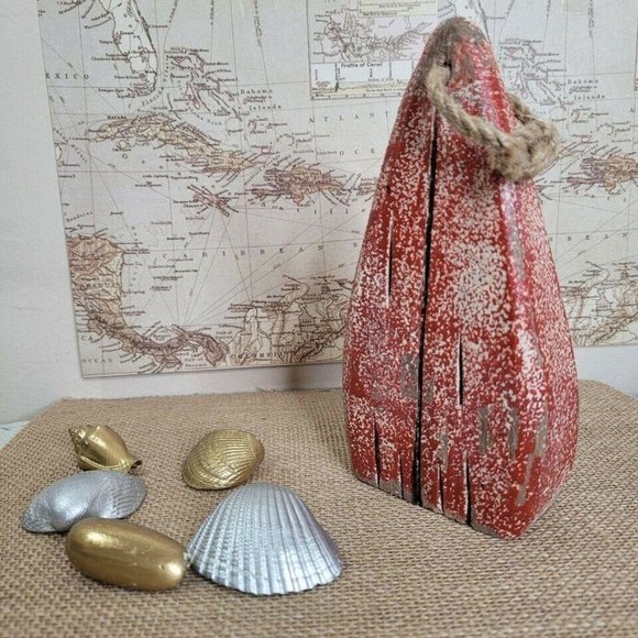 Small Wood Buoy Coastal Home Decor Distressed Red 7" - Picture 10 of 10